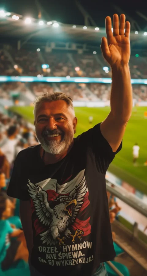 Poznaj Amejzing t shirt mockup of an ai created senior man cheering in a soccer stadium m38391