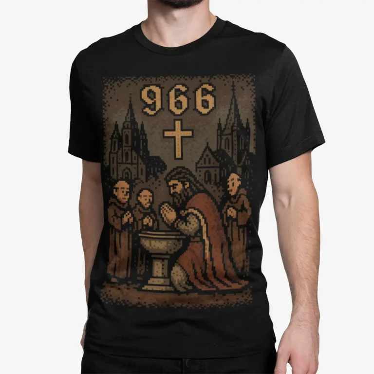 966: Chrzest Polski w stylu retro gry wideo | Historyczna koszulka męska