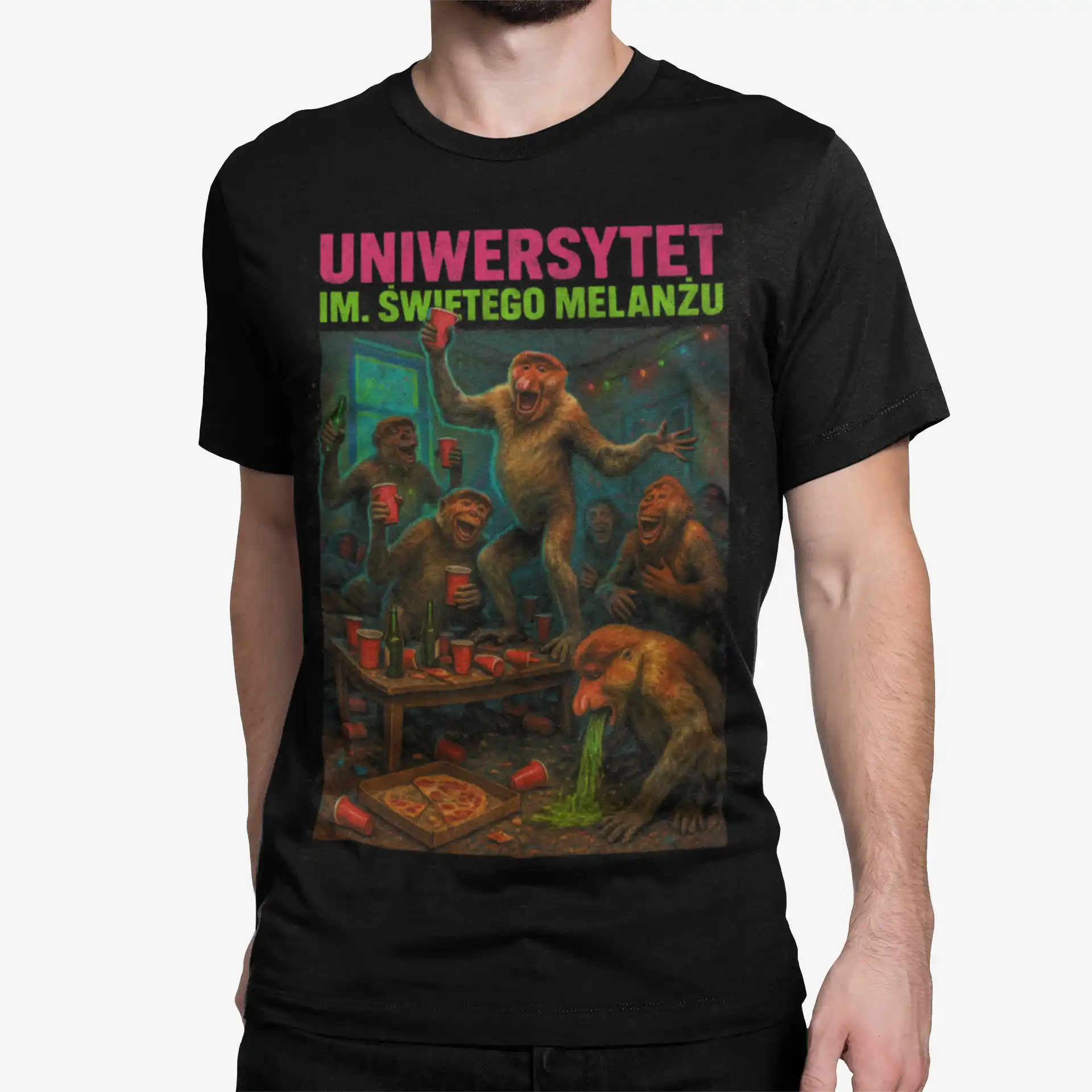Nosacz Student – Uniwersytet im. Świętego Melanżu | Śmieszna koszulka imprezowa męska | T-shirt czarny Nosacz Student – Uniwersytet im. Świętego Melanżu | Śmieszna koszulka imprezowa męska | T-shirt czarny
