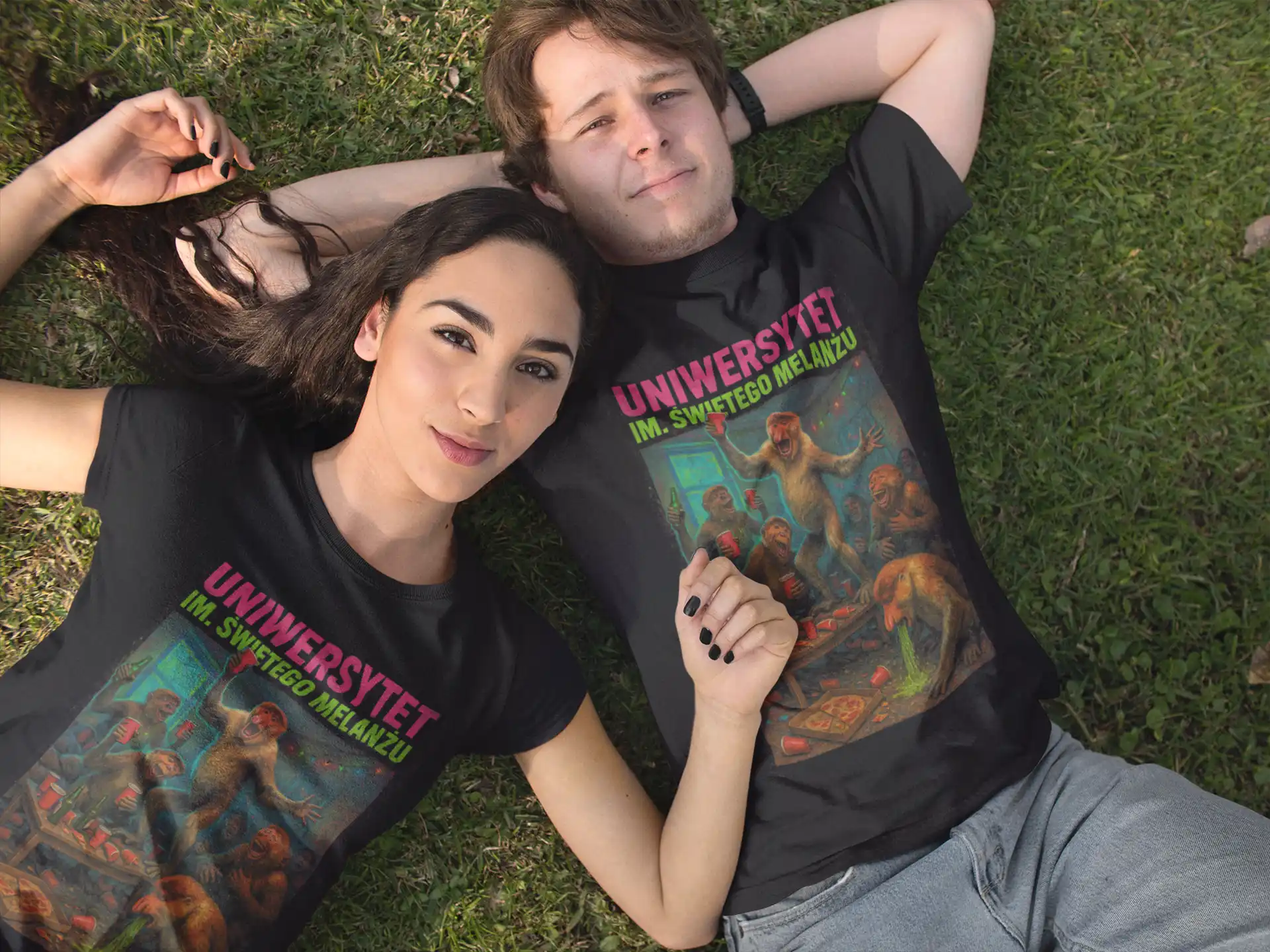 pretty-young-couple-lying-down-in-the-park-while-wearing-different-t-shirts-mockup-a15317