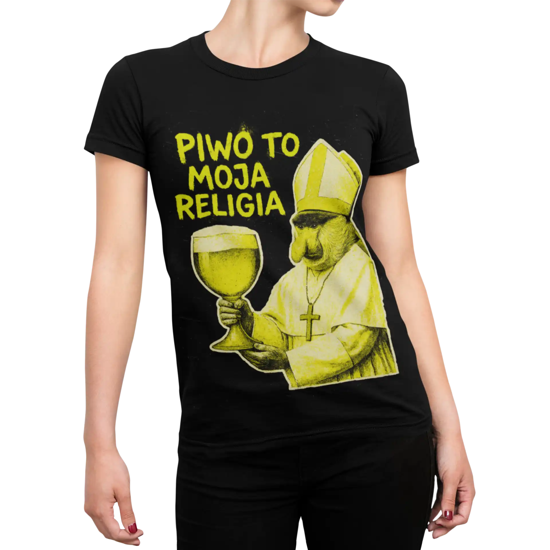 Nosacz - Piwo to moja religia | Śmieszna koszulka damska czarna Nosacz - Piwo to moja religia | Śmieszna koszulka damska czarna