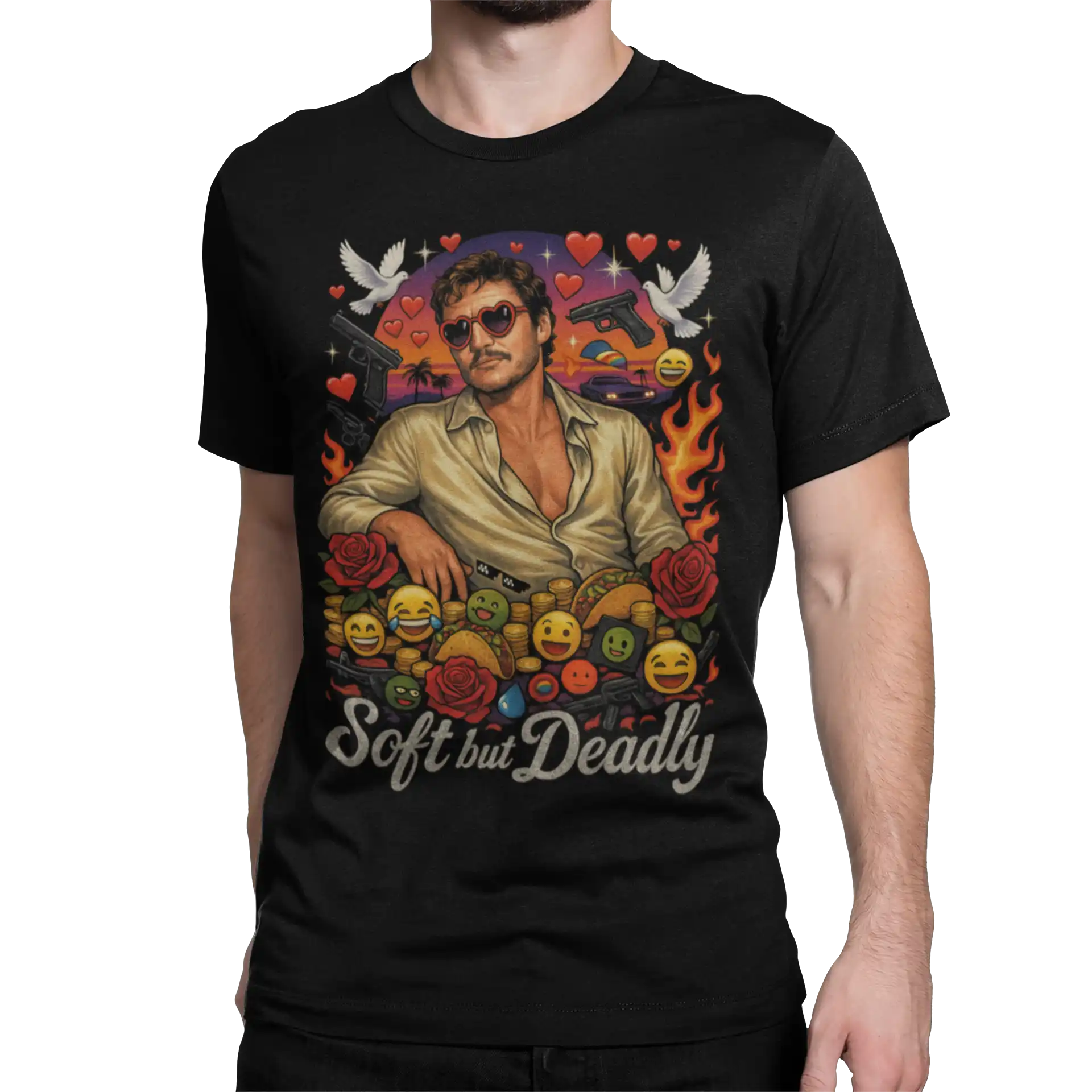 mockup-of-a-man-wearing-a-t-shirt-against-a-customizable-background-1423-el (1) Pedro Pascal – Soft but Deadly | Edycja 2026 | Filmowa koszulka męska