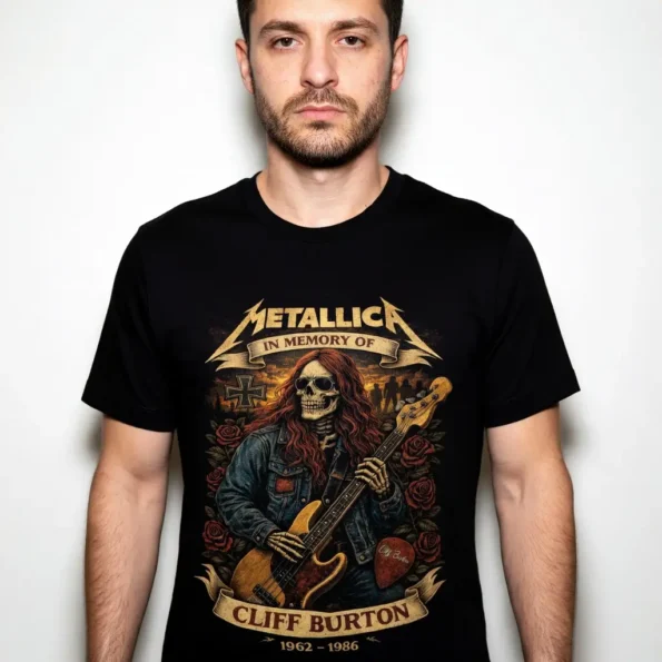Koszulka męska Metallica Cliff Burton „In Memory Of 1962–1986” to hołd dla jednego z najważniejszych muzyków w historii heavy metalu.