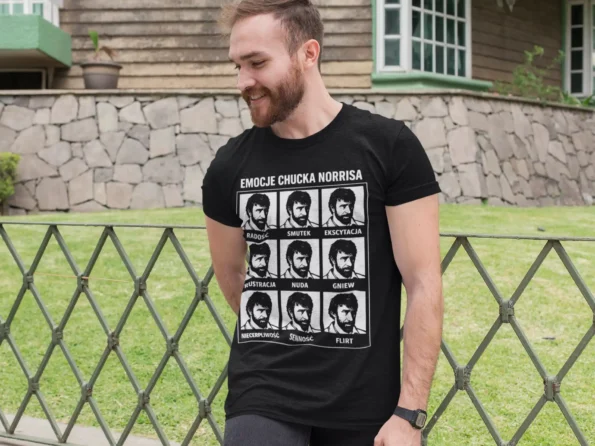 Emocje Chucka Norrisa | Filmowa koszulka męska dla fanów aktora heathered t shirt mockup of a man in front of a house 28734 4