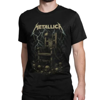 Koszulka męska Metallica Ride The Lightning z kultowym motywem krzesła elektrycznego to jeden z najbardziej rozpoznawalnych designów w historii heavy metalu.