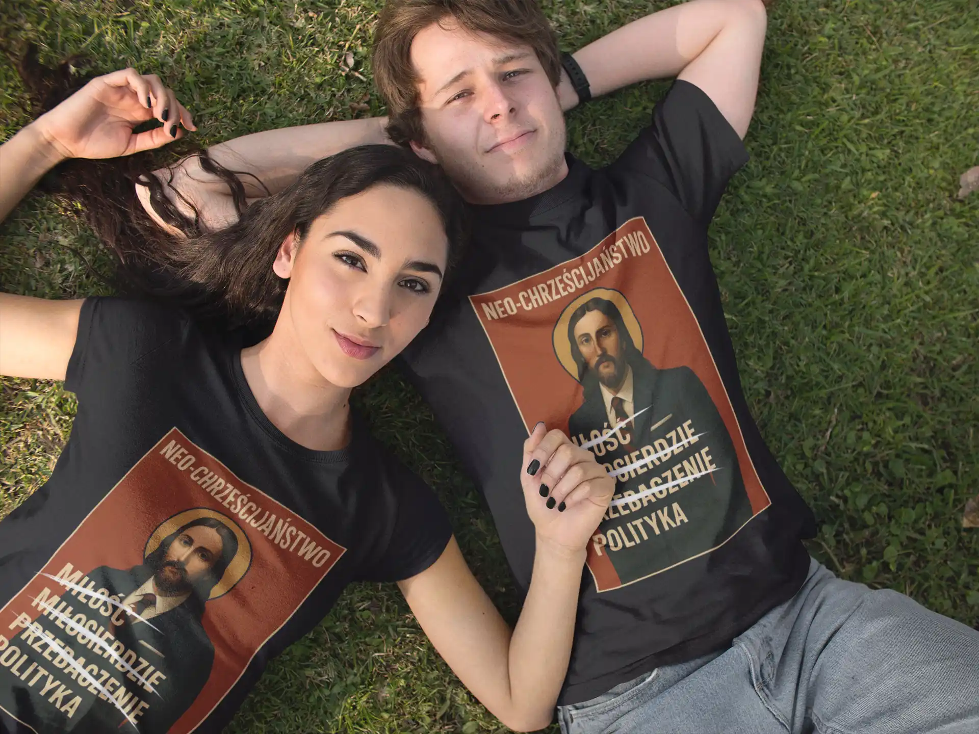 pretty-young-couple-lying-down-in-the-park-while-wearing-different-t-shirts-mockup-a15317