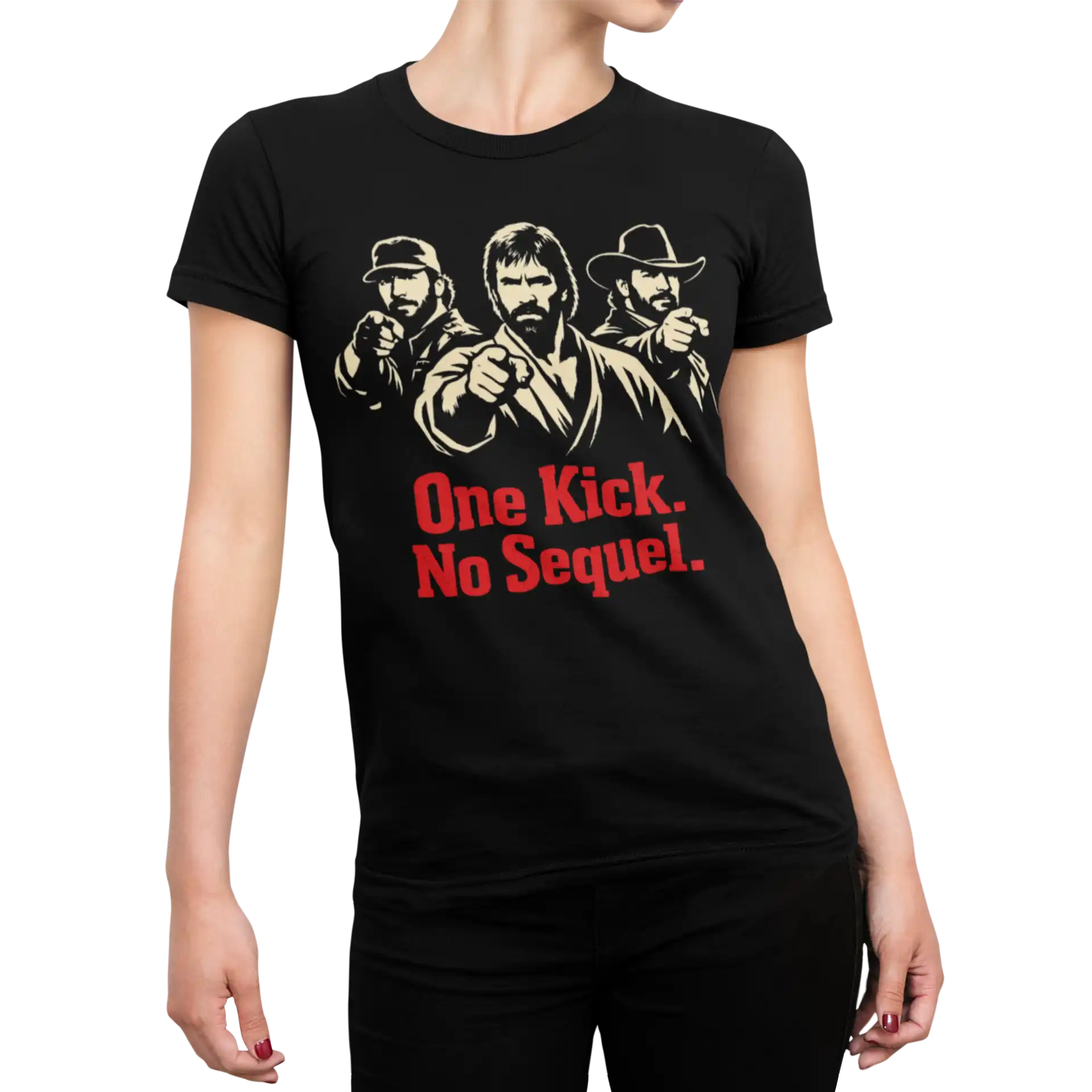 Koszulka Chuck Norris One Kick No Sequel – czarna koszulka z nadrukiem | t-shirt damski Koszulka Chuck Norris One Kick No Sequel – czarna koszulka z nadrukiem | t-shirt damski