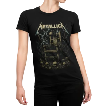 Koszulka damska Metallica Ride The Lightning z kultowym motywem krzesła elektrycznego to jeden z najbardziej rozpoznawalnych designów w historii heavy metalu.