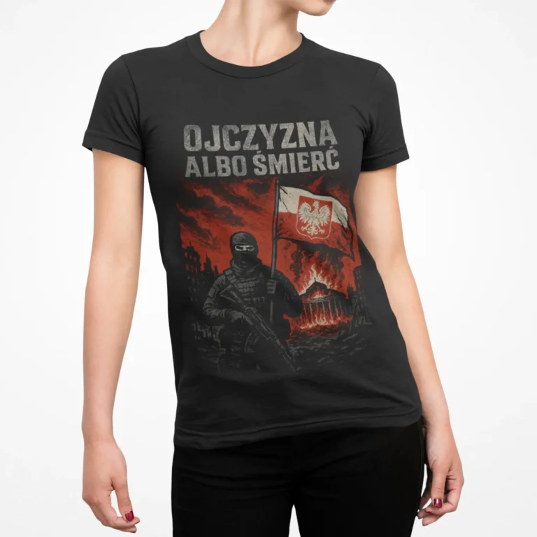 Ojczyzna albo śmierć – czarna koszulka damska patriotyczna
