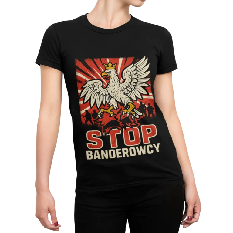 Stop banderowcy – czarna koszulka damska patriotyczna antybanderowska