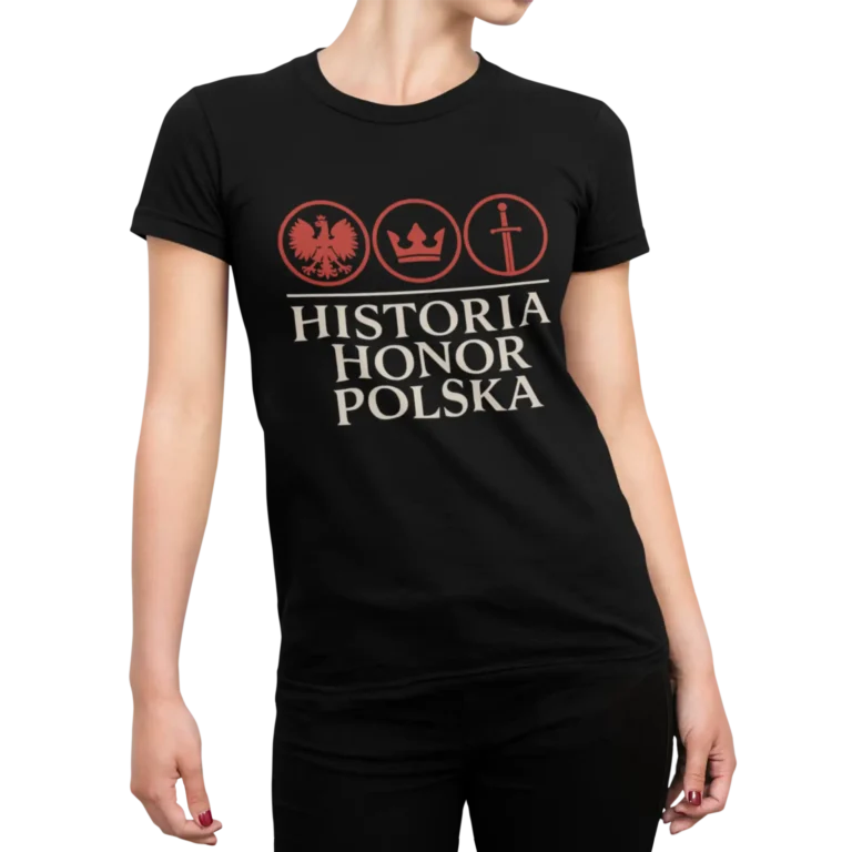Historia Honor Polska – czarna koszulka damska patriotyczna z symbolami