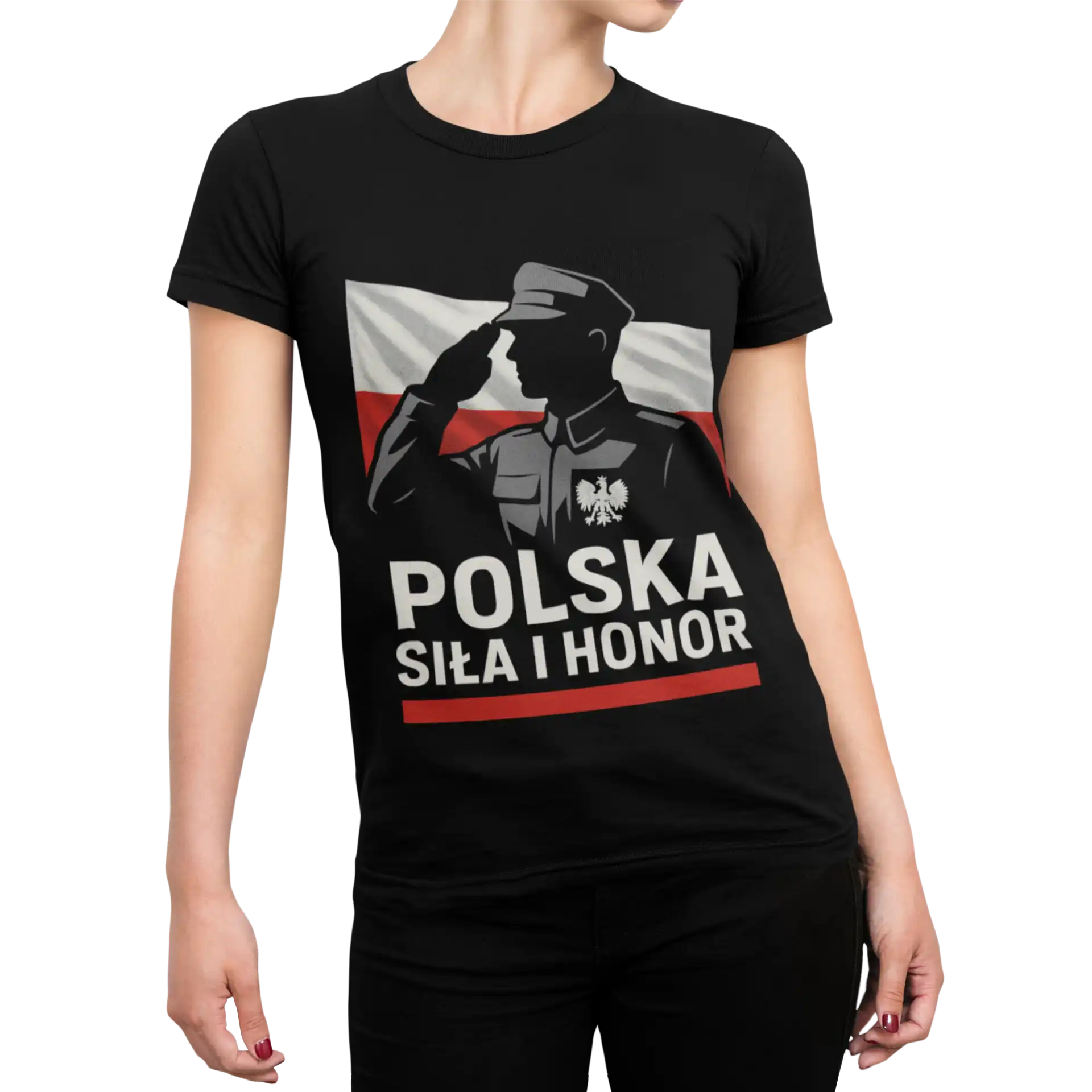 Koszulka damska patriotyczna Polska Siła i Honor – żołnierz, orzeł, flaga Polski Koszulka damska patriotyczna Polska Siła i Honor – żołnierz, orzeł, flaga Polski