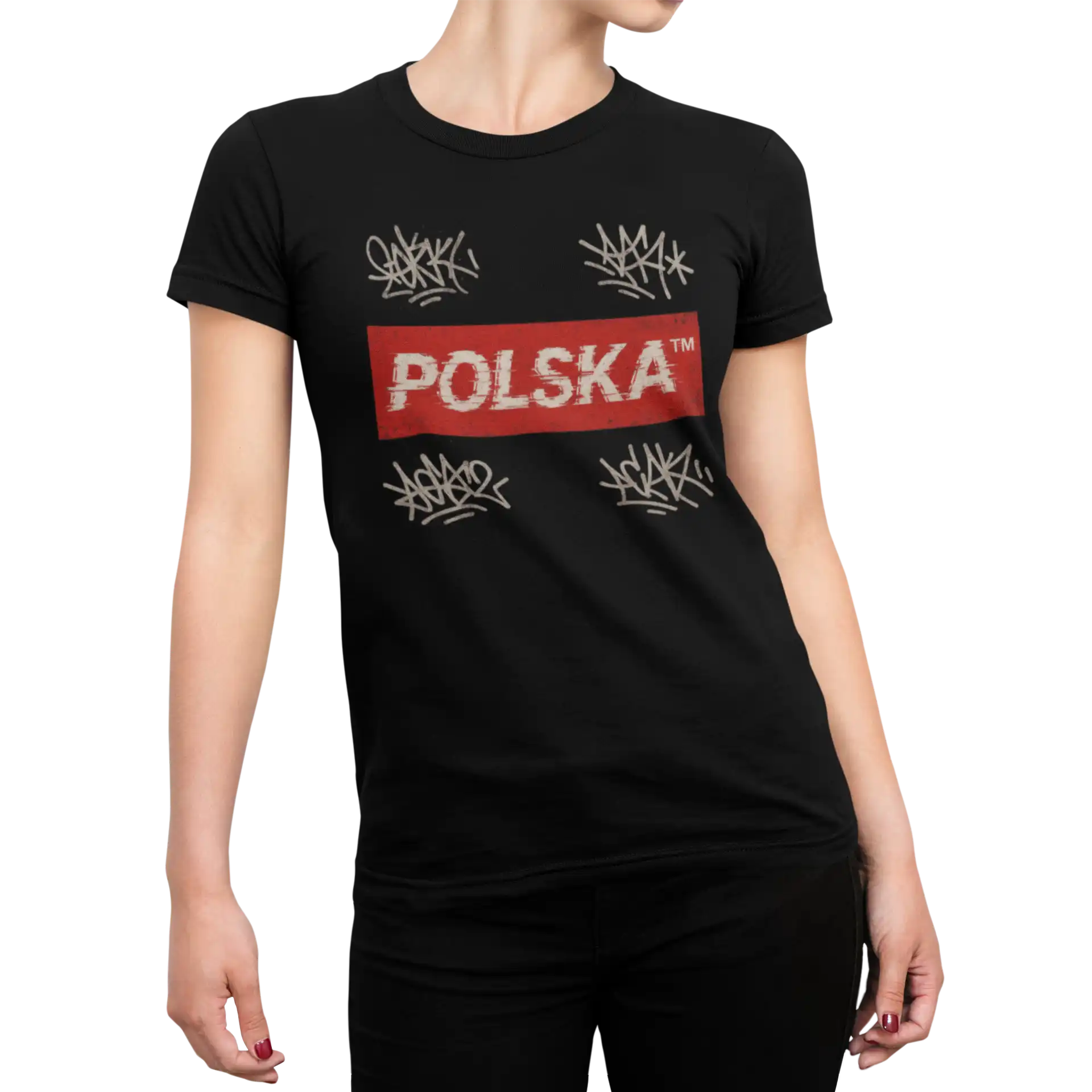 Koszulka damska Polska graffiti – czarna patriotyczna koszulka streetwear Koszulka damska Polska graffiti – czarna patriotyczna koszulka streetwear