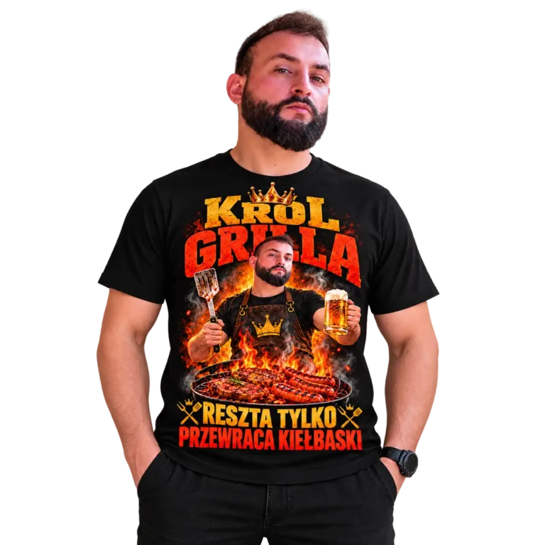 KRÓL GRILLA męska koszulka ze zdjęciem nadruk z własną twarzą personalizowana na prezent dla męża i taty